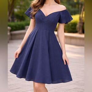 Elegant Off-Shoulder Navy Midi Dress